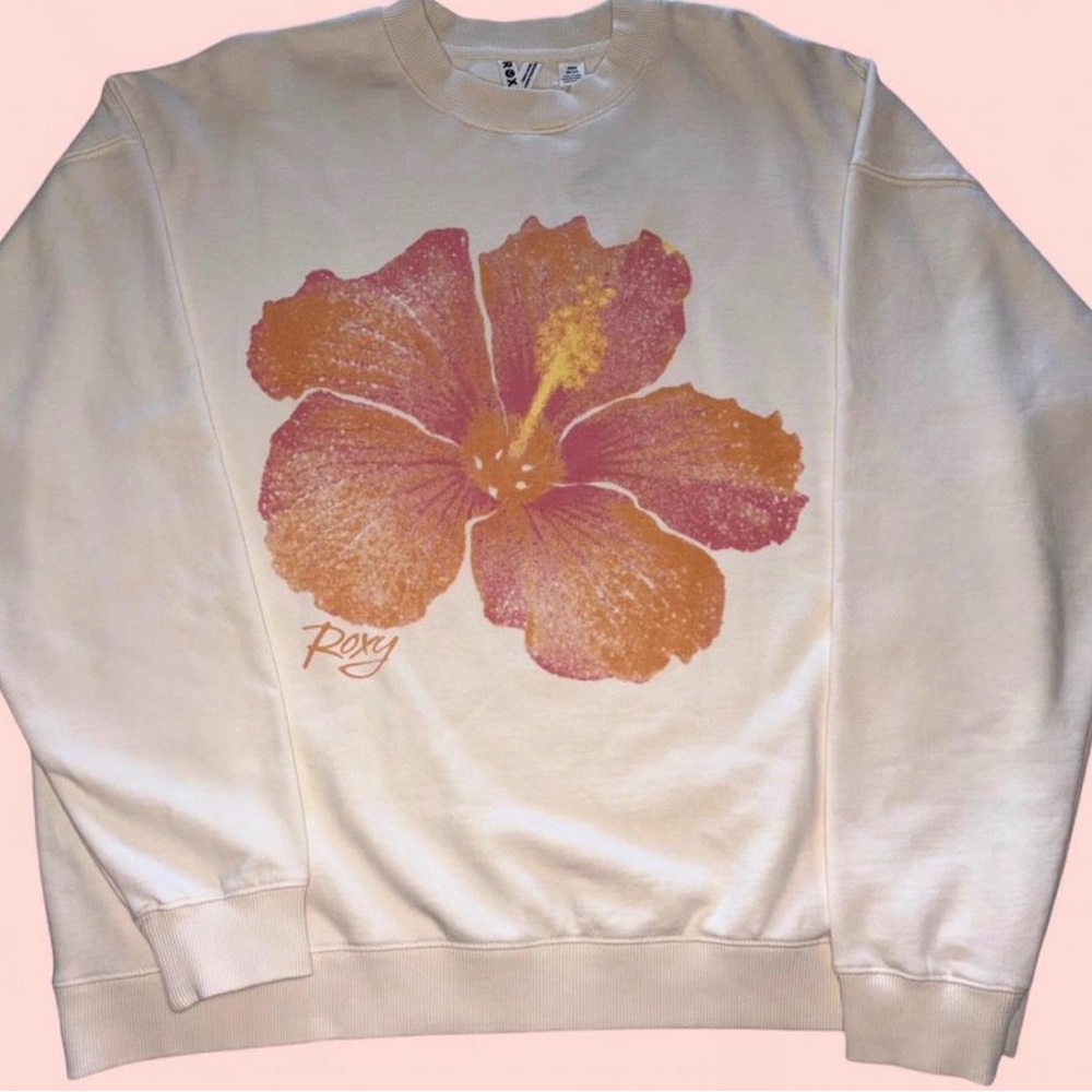 Roxy Cream Crewneck Sweater with Pink and Orange Floral